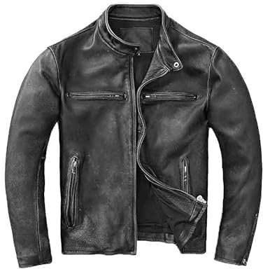 Mens Distressed Real Leather Jacket Black, Vintage Cafe Racer Biker Style