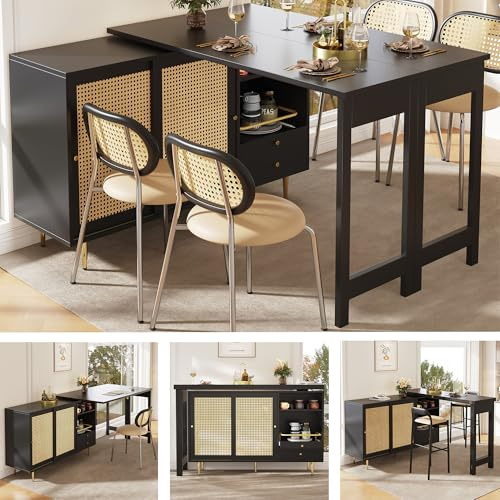 DRIXNO Um 360° Drehbarer Stehtisch (Hauptkörper: 107 x 40 x 71,4 cm), Schwarzer Ausziehbarer Design-Stehtisch, Aufbewahrungsschrank mit Rattantür + offenes Lagerregal