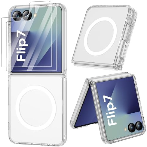 ORETECH für Samsung Z Flip 7 Hülle Kompatibel mit Mag Safe, Durchsichtig | Magnetisch Handyhülle mit Schutzfolie, Stoßfest Kratzfest Transparent Rückseite Schutzhülle für Samsung Galaxy Z Flip 7