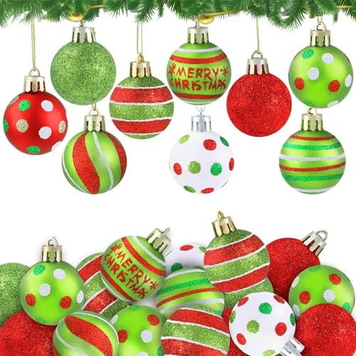 JOLCEEY 36pcs Mini Christmas Balls Ornament, 1.57 Inch Red Green Christmas Tree Baubles Glittering Little Xmas Shatterproof Balls for Tree Decoration Home Indoor Holiday Party Decor