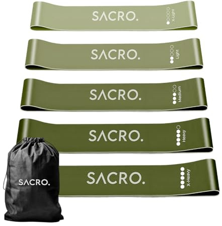 SACRO. Bandas Elásticas Musculación para Glúteos y Piernas – Set 5 Gomas de Resistencia (X-Light a X-Heavy) – Fitness, Pilates, Yoga, Entrenamiento Tren Inferior