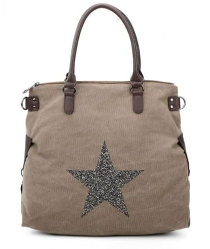 Love EMVY Staremvy Star Tote XL Shoulder Bag, Large Canvas with Glitter Star, Faux Leather Handles & Removable Strap, Multiway Carry, Zip Closure, Spacious Size 50 × 35 × 7 cm