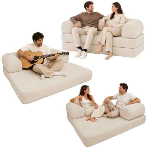 bananair - Sofa 2 Sitzer, Modulares Schlafsofa aus hochdichtem Schaumstoff und Cordstoff, Boneless Couch, Komprimiert Geliefert (Ecru)