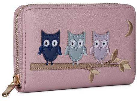 Woodland Leathers Portefeuille pour femme, porte-cartes et organiseurs d'argent, spacieux, super doux et fantaisie, sac à main pour femme, multi-compartiments, Hiboux Rose, 10x15.5 cm, Porte-monnaie