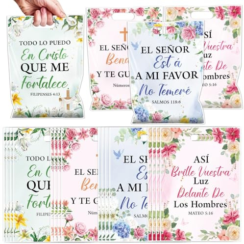 Falueqg Religious Christian Gift Bags - 100 Pcs Spanish Bible Verse Goodie Candy Gift Bags Inspirational Flower Party Supplies for Women Birthday Wedding Christmas Church Baptism Spring Party Favors