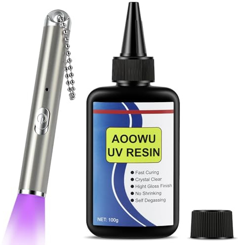 AOOWU UV Harz mit Lampe, 100g UV Kleber Epoxidharz mit wiederaufladbarer Taschenlampe, UV Resin Set mit 395nm, 5 Sekunden Schnellhärtung für Schmuck, Glas, Kunststoff & Harz, Transparenter UV