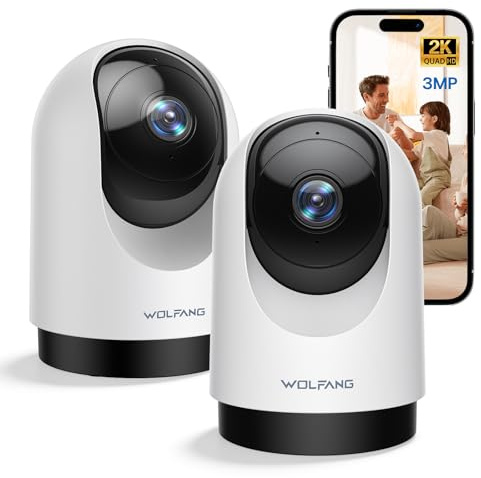 WOLFANG Indoor Camera, Pan Tilt Security Camera for Home, 360° Pan/110° Tilt Auto Tracking, Motion & Sound Alerts, Night Vision up to 26 ft, 2-Way Audio, 2.4GHz WiFi, Alexa/Google Home, 2-Pack