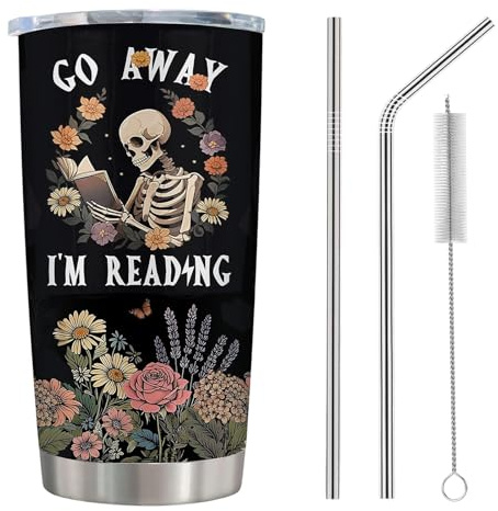 Nodrex Book Mug, Book Lover Gifts, Skull Floral Book Coffee Cup for Bookworms, 20oz Stainless Steel Insulated Mug for Home Office Travel with Lid & Straws