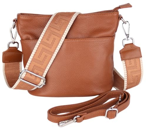 MIRROSI Damen Umhängetasche, Crossbody Bag, Echtleder I Made in Italy (1 Tasche 1 oder 2 Gurt(e)), 24x18x12cm (BXHXT) Mittelgroß (Upgrade Version (mit 2 Gurte): Cognac Uni)