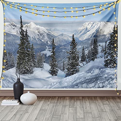 ABAKUHAUS Winter Wandteppich, Woodland schneebedeckten Berg aus Weiches Mikrofaser Stoff Waschbar ohne Verblassen Digitaldruck, 150 x 110 cm, Weiß