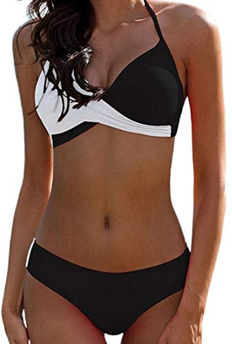 Bikini Elegante Traje de Baño Conjunto Bañador Halter Sexy Sólido para Mujer Ropa de Playa Traje de Baño Bikini Sets Talla Grande (Negro, XL)