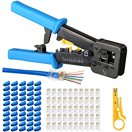 Hiija RJ45 Crimping Tool Pass Through Cat5 Cat5e Cat6 Crimping Tool for RJ45/RJ12 Regular and End Pass-Through Plugs with 50 Pieces CAT5 CAT5e Connectors, 50 Pieces Covers and Mini Wire Stripper