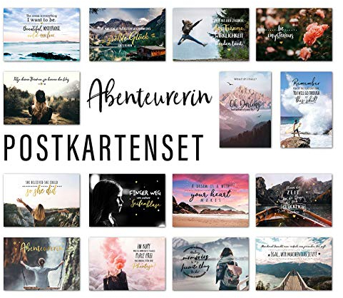 Him & I® Postkarten Set Abenteurerin - 15 verschiedene Postkarten mit Sprüchen & Zitaten - Abenteuer, Veränderung, Freundschaft, Mut & Motivation - Geschenkidee - inspirierende Spruchkarten mit Motiv