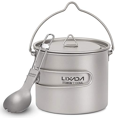 Lixada Ultralight Titanium Cookset 750ml/900ml/1100ml Lightweight Titanium Pot with Folding Spork for Outdoor Camping Hiking Backpacking Picnic