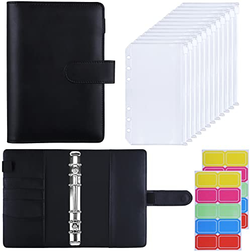 HAUTOCO Budget Planner Deutsch, A6 Budget Binder, Budgetplaner, Ringbuch A6 mit 12 Binder Taschen, Finanzplaner mit Etiketten, Sparbuch für Geld Organizer, für Reisen Tagebuch, Schwarz