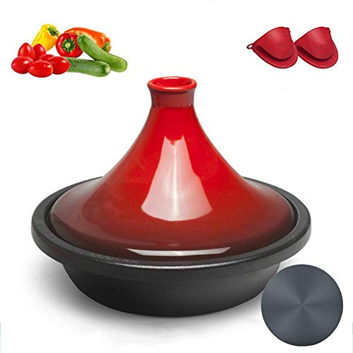 Thickened Cast Iron Tagine Pot, with Gloves Potholder, for Different Cooking Styles and Temperature Settings, Enameled Tajine, Oven Safe Dish Clay / 27cm with Thermal Board/Red