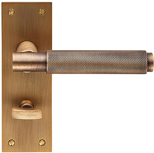 PAIR Knurled Round Lever on Slim Bathroom Backplate - 150 x 50mm - Antique Brass | Designer Lever on Backplate Door Handle - Internal Door Hardware - Lock, Euro, Oval and Latch Options Available