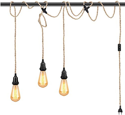 Puhui Suspension rétro en corde de chanvre avec interrupteur et prise, lampe suspendue de salle à manger vintage câble de lampe de lampe bricolage 8,8 mètres torsadée, 3 × E27 douille
