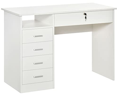 HOMCOM Computertisch Schreibtisch mit 5 Schubladen und Regal Bürotisch mit Schloss großer Arbeitsfläche Weiß 110 x 50 x 76 cm