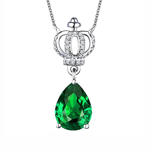 AMDXD Krone Damen Halskette mit Anhänger aus 750 Weiß Gold mit Smaragd 0.8ct und Diamant Gold Kette Frauen Silber, Nützliche Geschenke