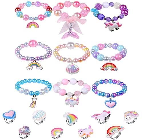 Aucuu 10/18 PCS Set d'Anneaux Bracelets de Licorne, Bracelets en Perles de Filles de Princesse et Réglables Bague avec Licorne Arc-en-Ciel, Ensembles de Bijoux pour Enfants Cadeau Anniversaire Fille,