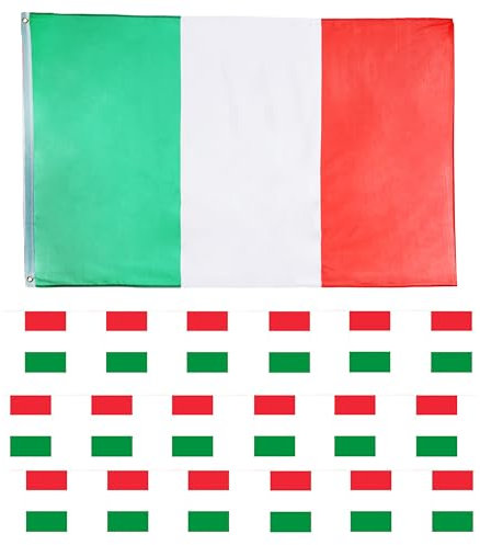 Eurovision Italy Flag Bunting and Flag Set – 10m (30ft) all-weather bunting with 20 flags + 5ft x 3ft large flag with grommets – perfect for football, rugby, parties & events.