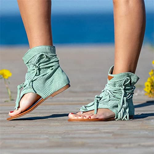 Riyueyi Chaussure Mode Sandale Plate Gladiateur Femme, Chaussures Été Confortable à Talons Plats Nu Pieds Mode Tongs Plages Claquettes Elégante Confortable RéTro BohèMe,Vert,US8/EU40