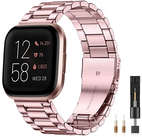 CeMiKa Metall Armband Kompatibel mit Fitbit Versa 2 Armband/Fitbit Versa Armband, Edelstahl Ersatzband mit Doppelfaltschließe für Versa 2 Armbänder/Versa Lite Smartwatch, Frauen Männer, Rosarot