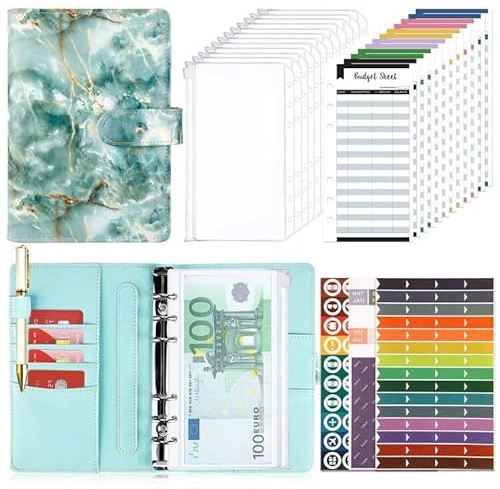 Budget Planner Budget Binder A6, Budgetplaner Geld Organizer mit Weiche Tasche, TAOPE Budget Binder Notizbuch A6 Cash Stuffing, Haushaltsbuch mit Geldfächer, Budget Planner Set Aquamariner Marmor