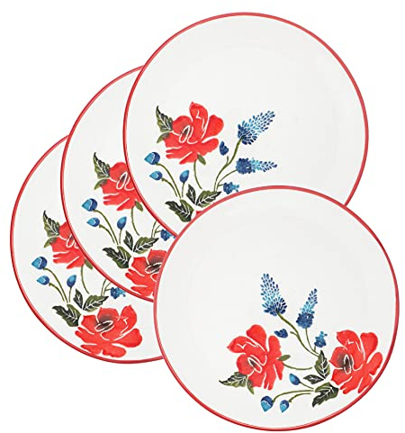 Lashuma Lot de 4 assiettes en céramique multicolores Motif coquelicot Grand plat rond Ø 25 cm