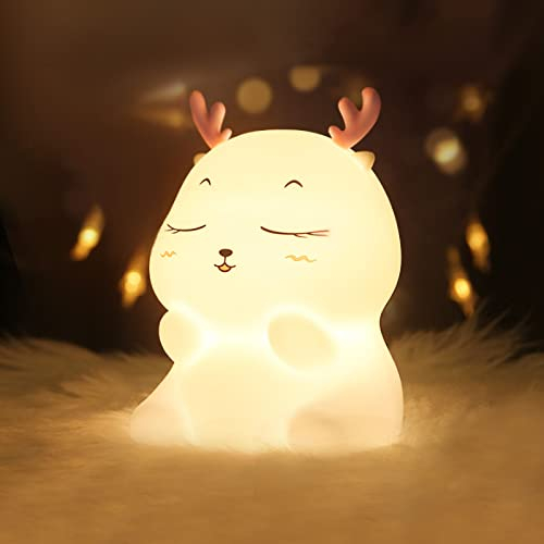 Diboniur Veilleuse Enfant Rechargeable Veilleuse Bébé Lampe, 7 Couleurs LED Veilleuse Filles, Silicone Lampe de Chevet Tactile pour Enfants Adulte Chambre Décoration Nouveau-né (Cerf)