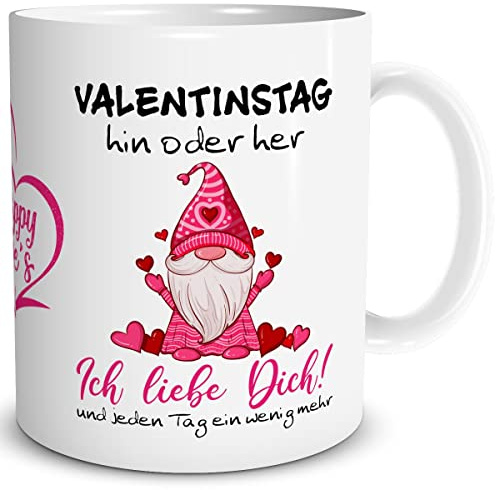 TRIOSK Tasse Valentinstag Zwerg mit Spruch Hin oder Her Ich liebe dich Sprüche Geschenk lustig für Sie Ihn Männer Frauen verliebte Paare, Keramik 300ml