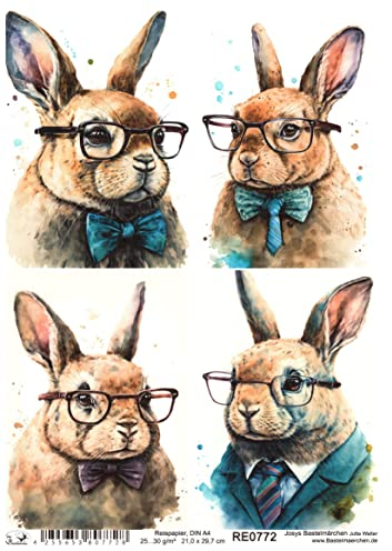 Josys Bastelmärchen Reispapier A4 Strohseide Decoupage Serviertentechnik Osterhase mit Brille RE0772