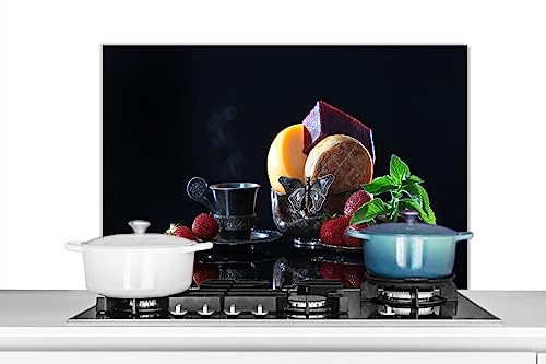 KitchenYeah© Spritzschutz Küchenrückwand Küche Deko Aluminium Platte | 80x55 cm - Wandschutz Herd Spritzschutz WandverkleidungRustikal - Obst - Käse - Tisch