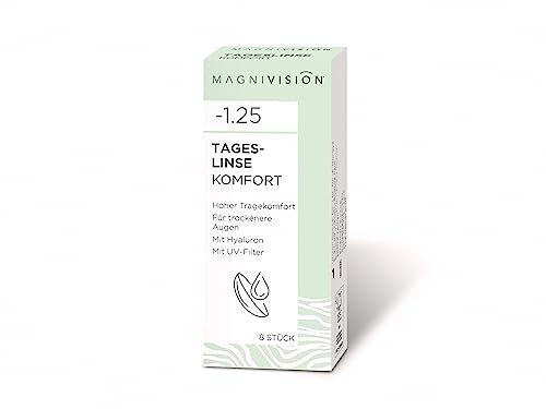 MAGNIVISION Tageslinsen Komfort weiche Kontaktlinsen für -1,25 Dioptrien | 8 Stück | BC 8.6 | DIA 14.2 | Kontaktlinse mit Hyaluron und UV-Filter für empfindliche Augen | ohne Konservierungsstoffe
