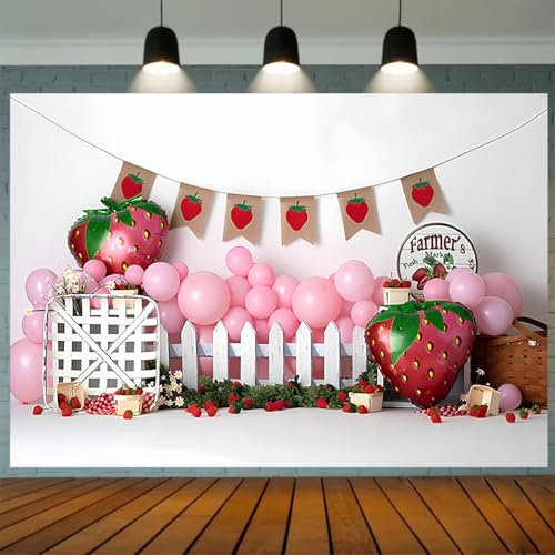 Strawberry Princess First Birthday Girl Backdrop for Photography - Balloon Farm Cake Smash Background Kids Baby Party Decoration - Baby Shower Backdrop Banner, 7x5FT