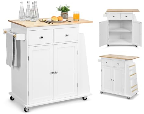 KOMFOTTEU Küchenwagen mit Arbeitsplatte 80x45 cm, Kücheninsel auf Rollen, Küchenschrank mit Schubladen Gewürzregal, Küchentrolley aus Massiv Holz für Küche Esszimmer (Weiß)