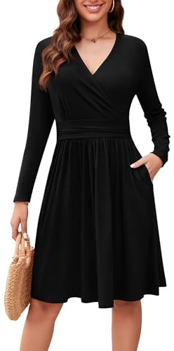 Actcat V-Ausschnitt Pullover Kleid Langarm Casual Kleider Herbst Kleid Damen mit Taschen schwarz Winterkleider Festliche Kleider für Damen weihnachtskleid Herbstkleid Schwarz,XL
