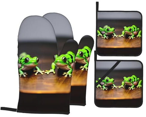 Ensemble de gants de cuisine et maniques mignons et drôles de grenouilles - Tissu imperméable et résistant à la chaleur pour cuisine