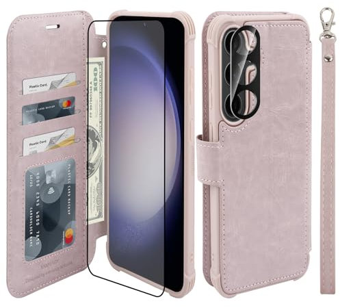 VANAVAGY Wallet Case for Galaxy S24 with Rfid Flip Card Holder,[Screen Protector and Camera Lens Protector] Leather Wrist Strap Supports Wireless Charging Case for Galaxy S24 6.2”,Salmon Pink