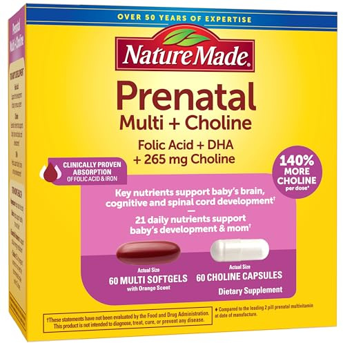 Nature Made Prenatal Vitamin Softgels + Choline Capsules, Folic Acid + DHA + Choline, 60 Prenatal Vitamins for Women, 60 Choline Supplements Capsules, 60 Day Supply