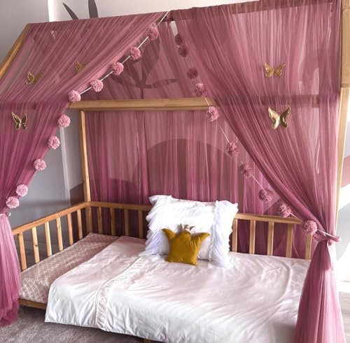 Baby Fancyroom Hausbett Himmel Betthimmel für Kinderbett Kinderzimmer Baldachin Bettvorhang Betthimmel für Mädchen Prinzessin Zimmer (Dunkel Altrosa, 340cm, ohne Schmetterlinge)