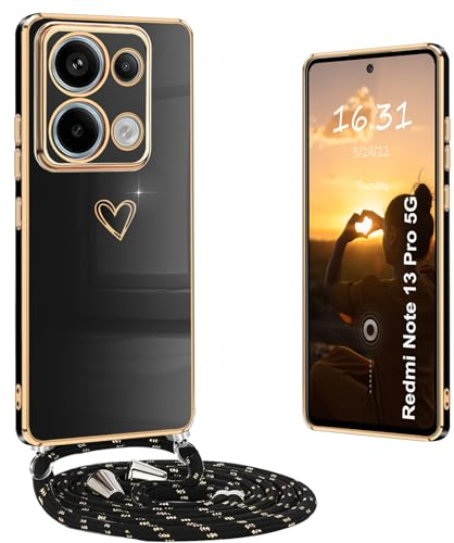 Yutwo Coque pour Xiaomi Redmi Note 13 Pro 5G/Poco X6 avec Cordon, Coque pour Redmi Note 13 Pro 5G avec Collier Housse avec Motif Coeur d'amour Étui pour Xiaomi Poco X6 avec Cordon, Noir