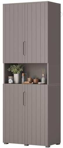Brinlawb Mehrzweckschrank 70 cm breit Badschrank Hochschrank mit 1 offenen Fach und 4 Türen Badezimmerschrank Grau Vorratsschrank Büroschrank Holz Aktenschrank Küchenschrank Grau 33,5x70x190 cm