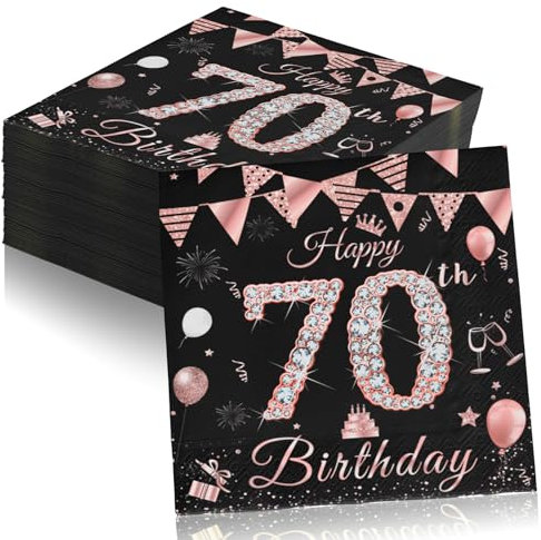 Serviettes 70. geburtstag frau, 40 Stück Papierserviette Mädchen Happy Birthday Servietten Decorations, Schwarz Rosé Gold Tischdekoration für Party Geburtstag, Papierservietten zum 60. Geburtstag
