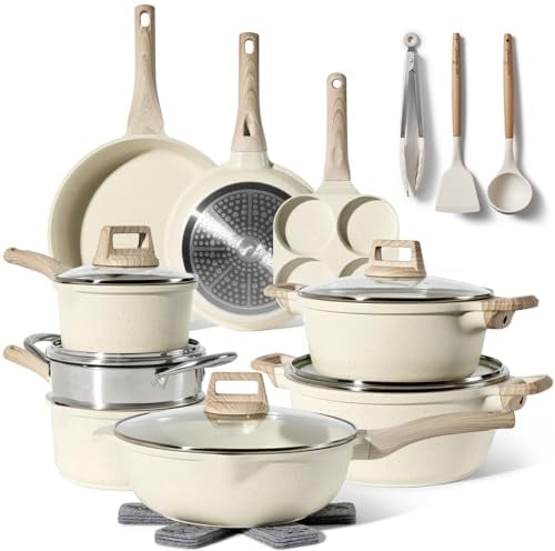 JUST PERFECTO Induktions Töpfe Set - Pfannenset mit deckel - Induktions Töpfe Set - töpfe & pfannen set ohne PTFE und PFOA - Kochgeschirr Topfset induktion (21 pcs Biege)