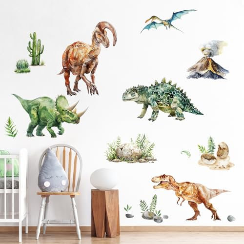Supzone Wandtattoo Große Dinosaurier für Jungen Mädchen, Wandaufkleber Dino Vulkan Tropische Pflanzen Kaktus Wandsticker Jungenzimmer Wand Dekor für Kinderzimmer Babyzimmer Schlafzimmer