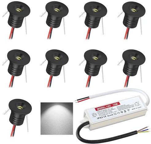 DYKUWEY Spot LED Encastrable 12V 1W, Mini Spot Led IP65, Trou Φ16mm, Spots de plafond pour cuisine, escalier, placard, couloir, éclairage DIY, vitrines, armoire, Lot de 9 (Noir Blanc Froid 6000K)