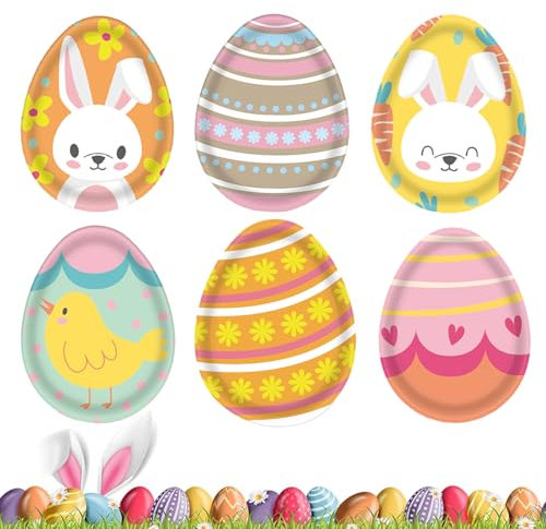 60pcs Easter Party Paper Plates,7inch Egg-Shaped Plates Easter Bunny Kids Party Paper Plates Easter Theme Dinner Plates,Eggs Rabbit Easter Paper Dinnerware for Kids Adult Easter Party Table Décor