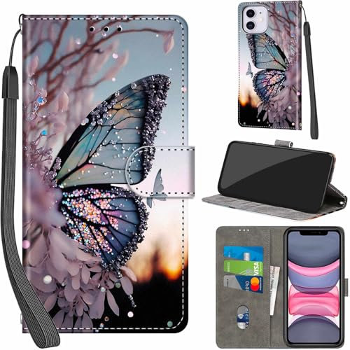 PHINIENLAND Handyhülle für iPhone 11 Hüllen Premium Leder Case Klappbar Wallet Magnet Kartenfach Standfunktion Schutzhülle kompatibel mit iPhone 11 Cover,Schmetterling